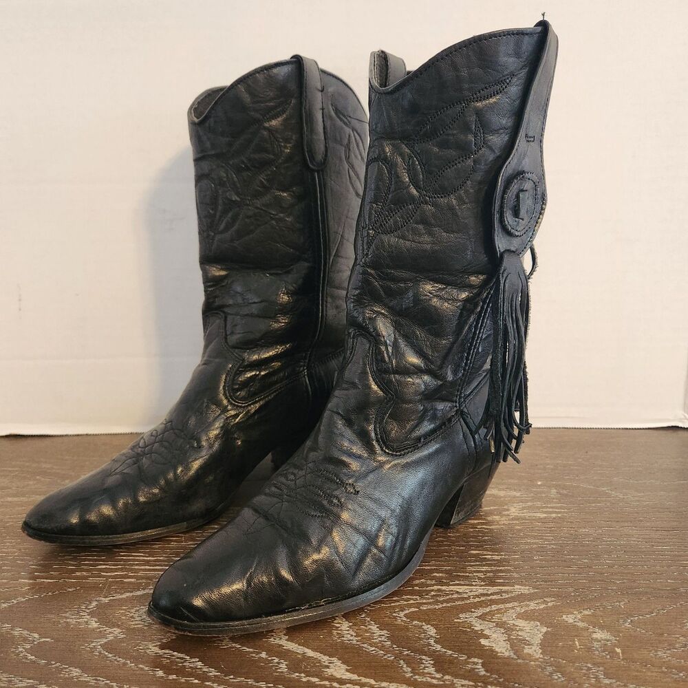 Vintage Laredo Womens Black Leather Tassel Fringe Western Cowgirl Boots Size 7 M
